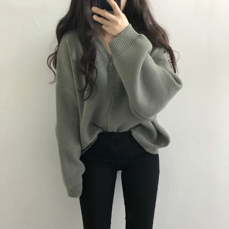 

PEONFLY 2020 Autumn New Solid Color Ladies Sweater Coat Loose Single-breasted Long-sleeved Knitted Cardigan Jacket Women