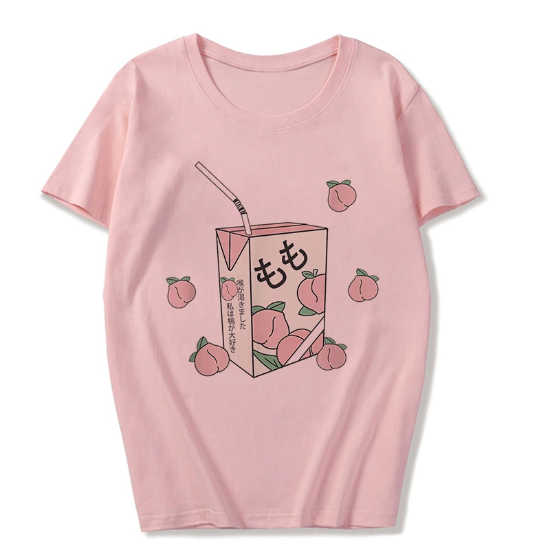 2683-Pink Summer New Pink Fashion Korean Style Women's Japanese Peach Juice Drink Print Harajuku Vogue Casual Loose Kawaii Female T Shirt - Color: 2683-Pink