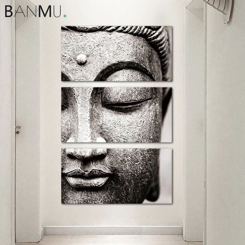 

BANMU Gray Buddha Statue Canvas Paintings 3 Panels Buddhist Artworks Buddha Face Poster Home Decor for Bedroom Decoration