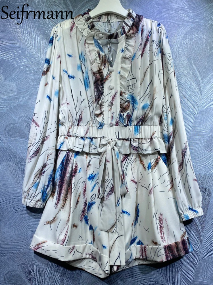 

Seifrmann, новинка 2021, Осенний женский модный дизайнерский комплект с шортами, топ с рукавами-фонариками и оборками + шорты с высокой талией и при...