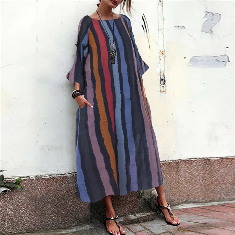 Женское платье Лето-Осень 2019 модное богемное в полоску свободное женское