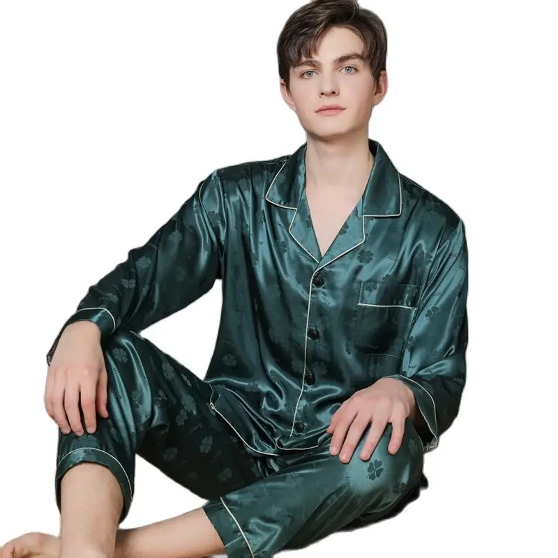 Silk Pajamas Men's Summer Long-Sleeved Trousers Mulberry Silk Casual Thin Section Youth Spring Autumn Ice Silk Home Service