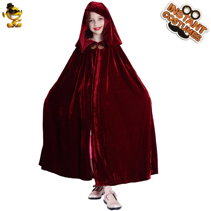 

Girls Velvet Princess Long Cloak Fancy Party Outfits Kids Cosplay Halloween Costumes Red Witch Hooded Cape