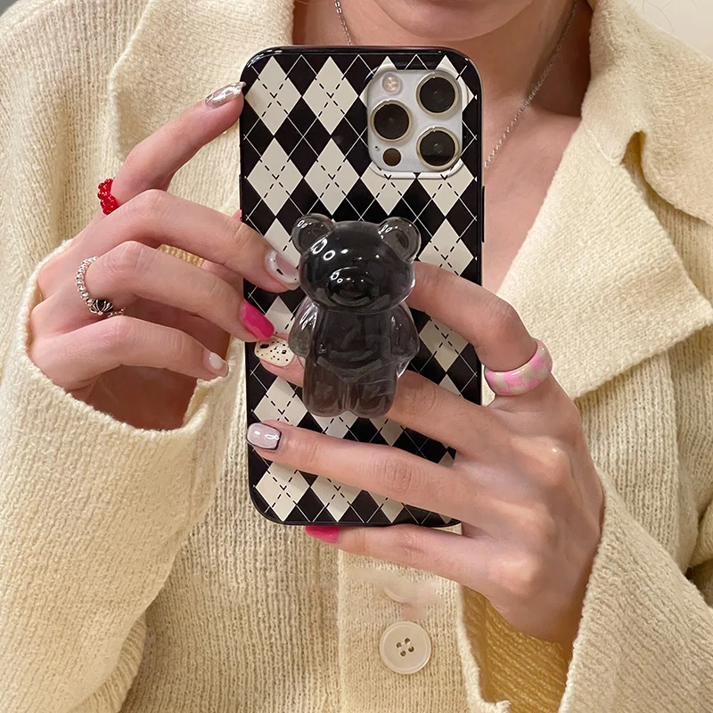 

Japan Korea Rhombus Lattice Cute 3D Bear Bracket Soft Case For IPhone 12 13 7 8 Plus 11 Pro XR X XS Max Holder Protection Cover