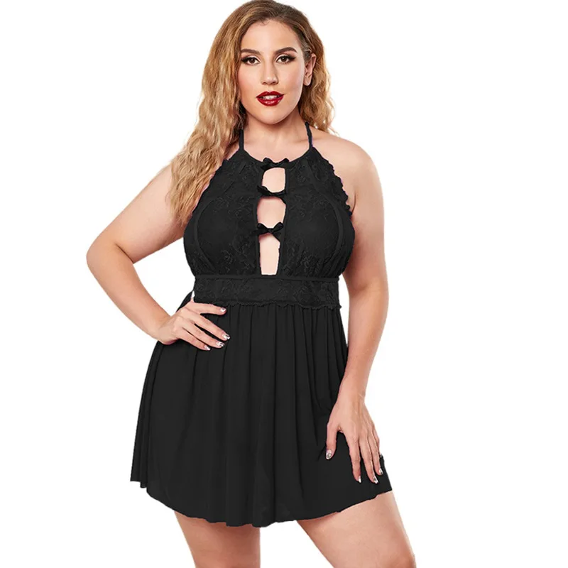 

Europe and the United States fat mm fun pajamas women's sexy underwear suspender hanging neck lace splicing large size pajamas