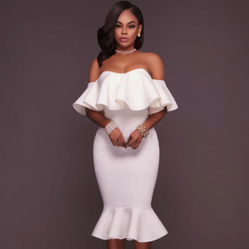 

Off Shoulder Ruffles Women Midi Dress 2021 Summer Slash Neck Sexy Bodycon Solid Club Night Bandage Dress Celebrity Party Dresses