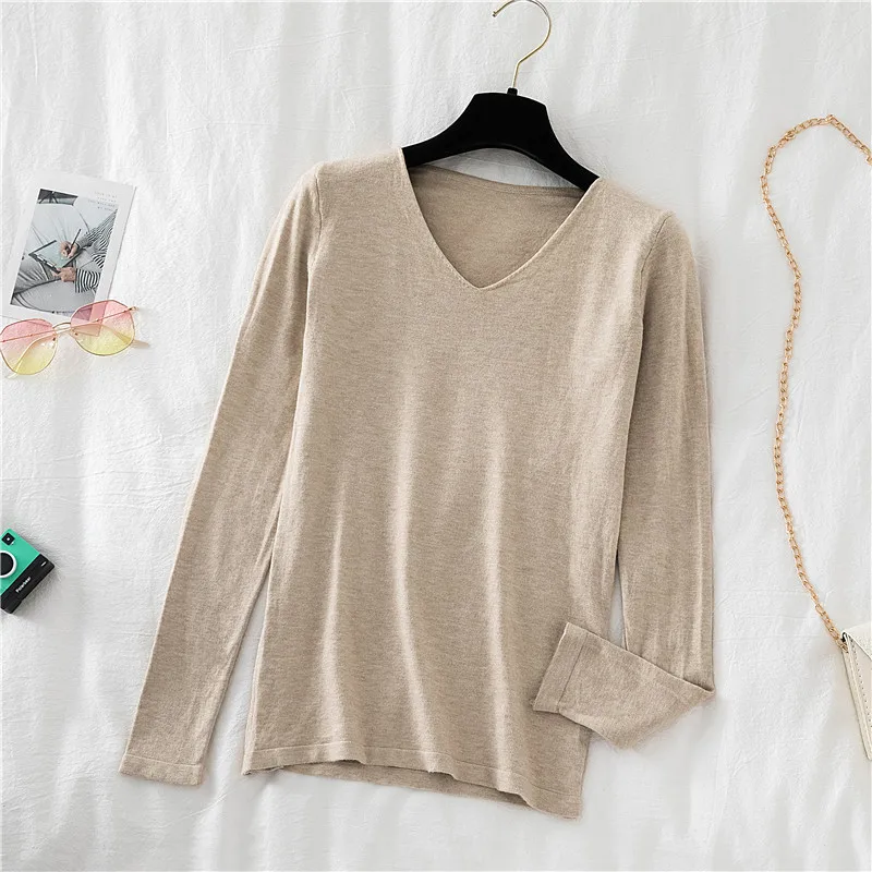 

New V Collar Knitted Women Sweaters Autumn and Winter Solid Color Casual Lady Sweater Fashion Slim Fit Woman Sweaters