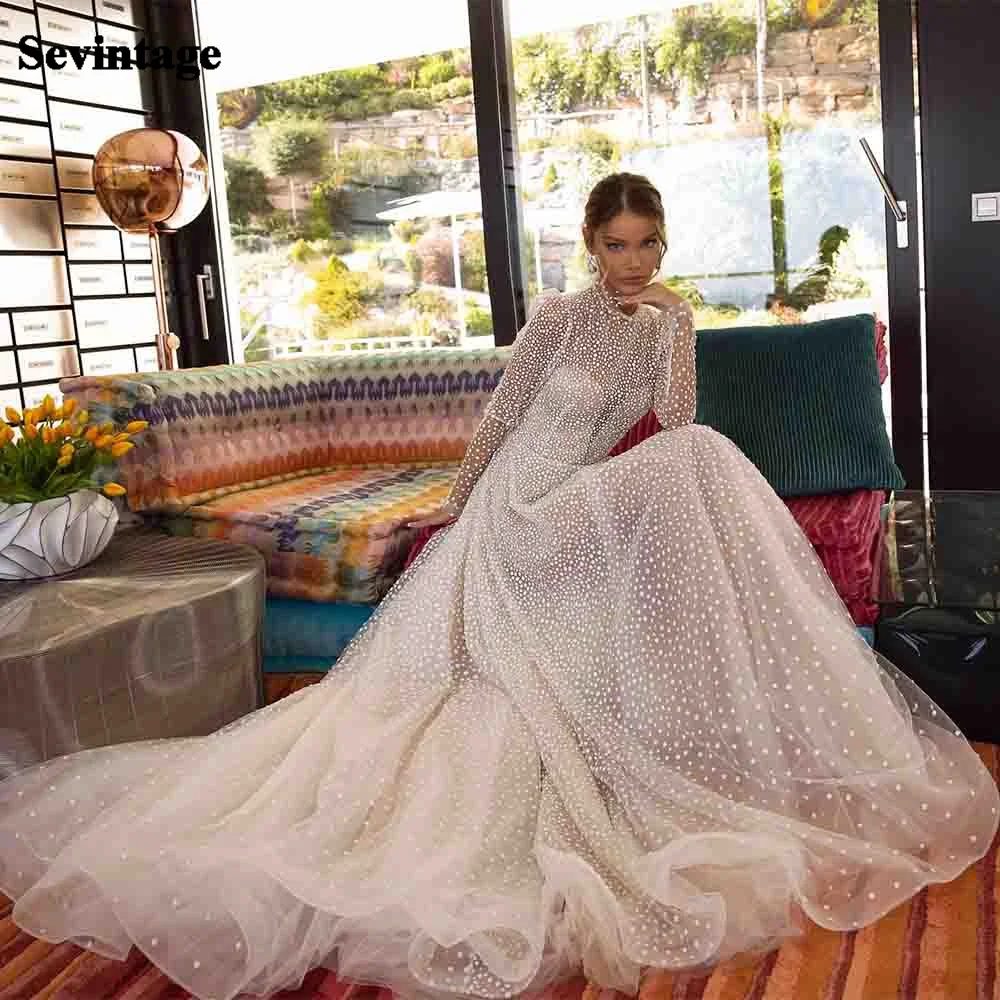 

Sevintage Glitter Dotted Tulle Wedding Dresses Simple Full Sleeves Boho High Neck Bridal Gown 2021 Princess Bride Wedding Gowns