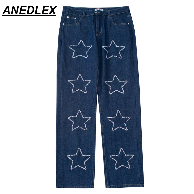 

Свободные джинсы в стиле Харадзюку, мужские джинсы со звездочками с вышивкой, модные Готические джинсы, прямые брюки, уличная одежда в стиле...