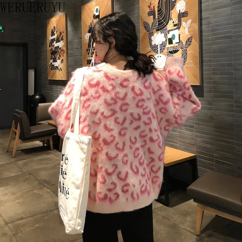

WERUERUYU 2020 Autumn Winter Mohair Leopard Sweater Women Pullover Womens Sweaters Knitted Oversized Sweater Jumper