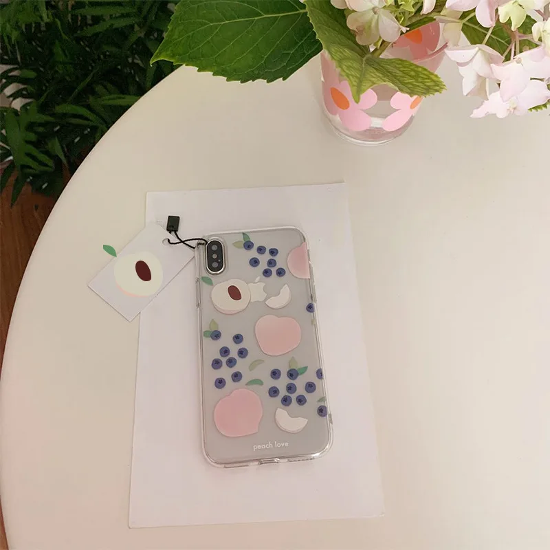 Summer fruit pink peach blueberry Korean girl phone case for coque iPhone 7 8 6 s plus XS max silicon For iphone cover X XR |