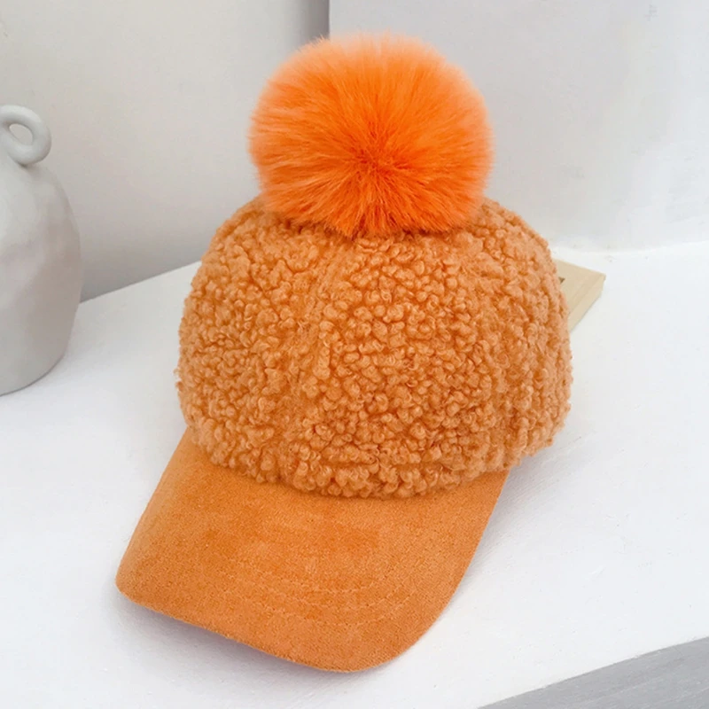 

Women Winter Faux Fleece Baseball Peak Cap Fuzzy Warm Solid Color Cute Pompom Hip Hop Sunscreen Visor Brim Beanie Hat