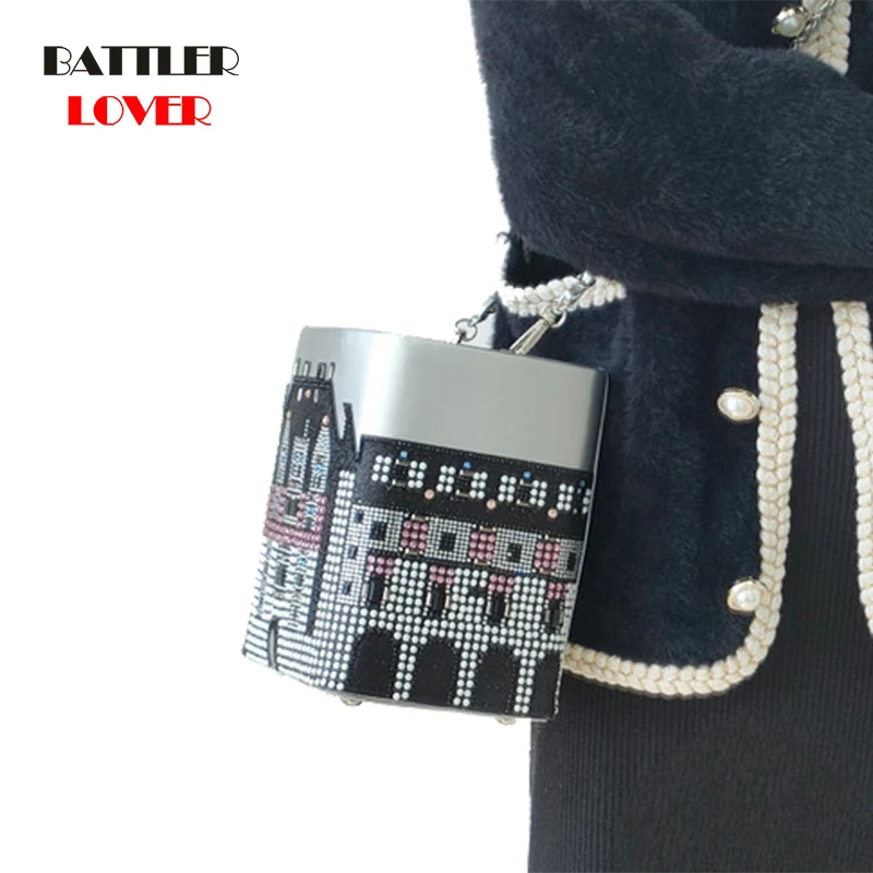

Luxury Castle Printing Diamond Evening Handbag For Women 2021 Korean Summer Square Box Shoulder Bag Female Crossbody Purse Flaps