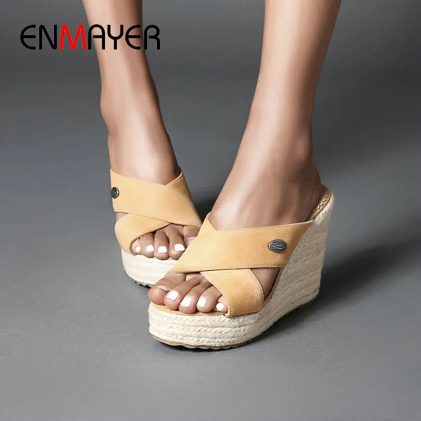 

ENMAYER PU Fashion Summer Outside Women Slippers Solid Flock Womens Shoes Platform Basic 22020 Wedges Heels Slides Size 34-43