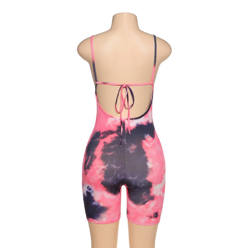2021 Sling Jumpsuit Printed Women Sleeveless Tie-Dyed Shorts Set Casual Backless Sport Wear Bodysuit Fitness Romper Femme