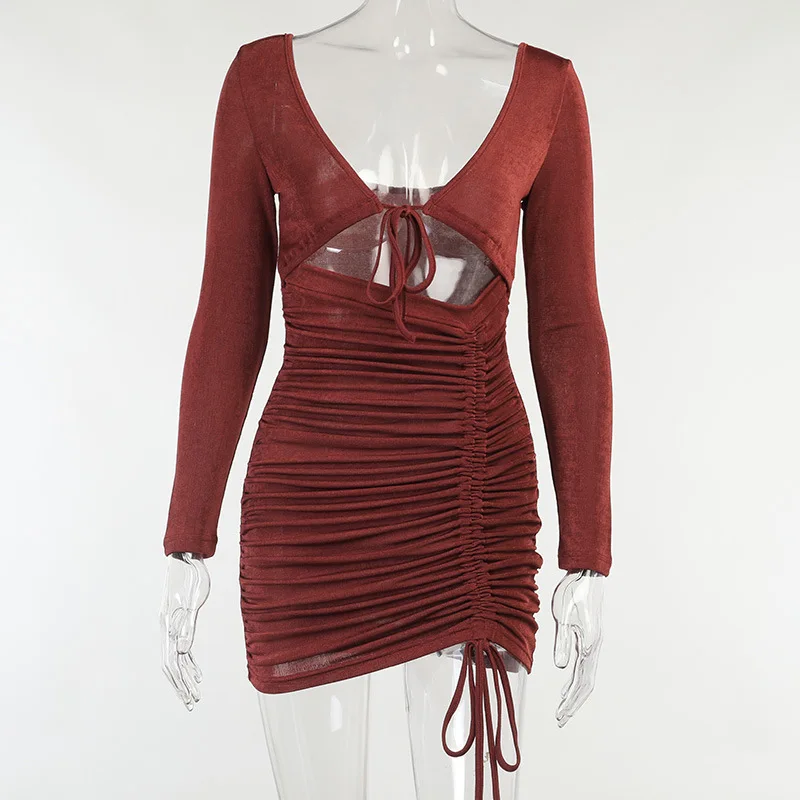 

Women Sexy V Neck Ruched Tight Long Sleeve Midi Dress Drawstring Backless Sundress 2021 Summer Party Club Best Friend Clothes