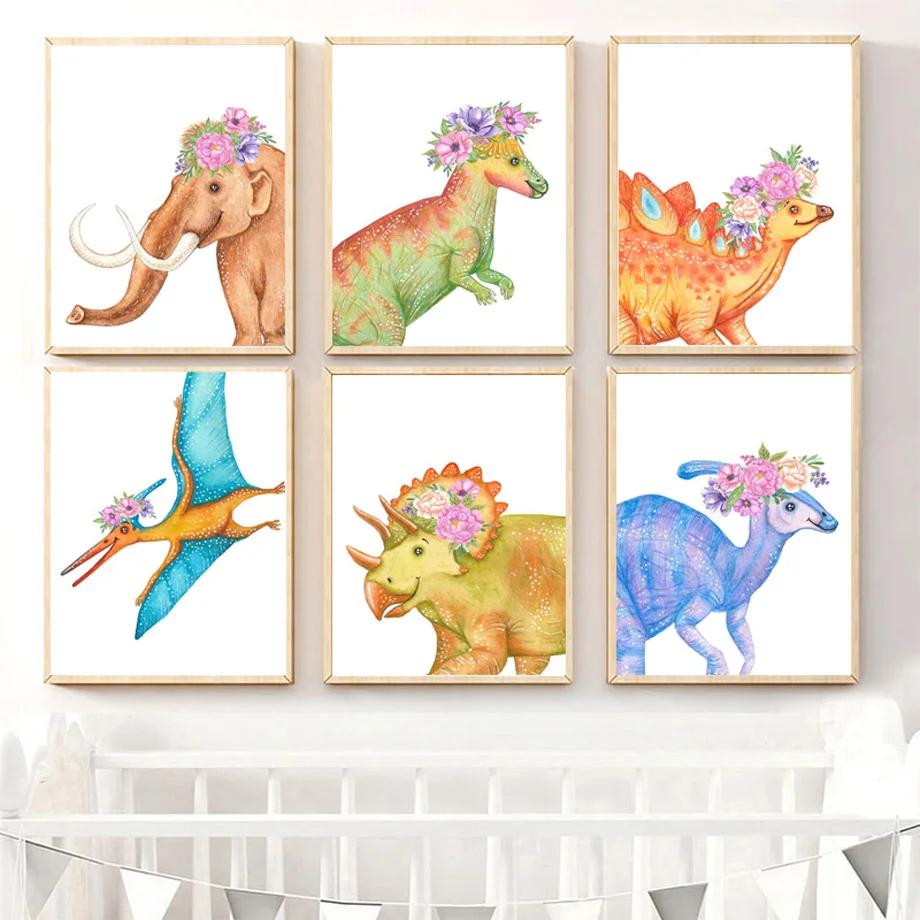 

Jurassic Dinosaur Triceratops Diplodocus Flower Wall Art Canvas Painting Nordic Posters And Prints Wall Pictures Kids Room Decor