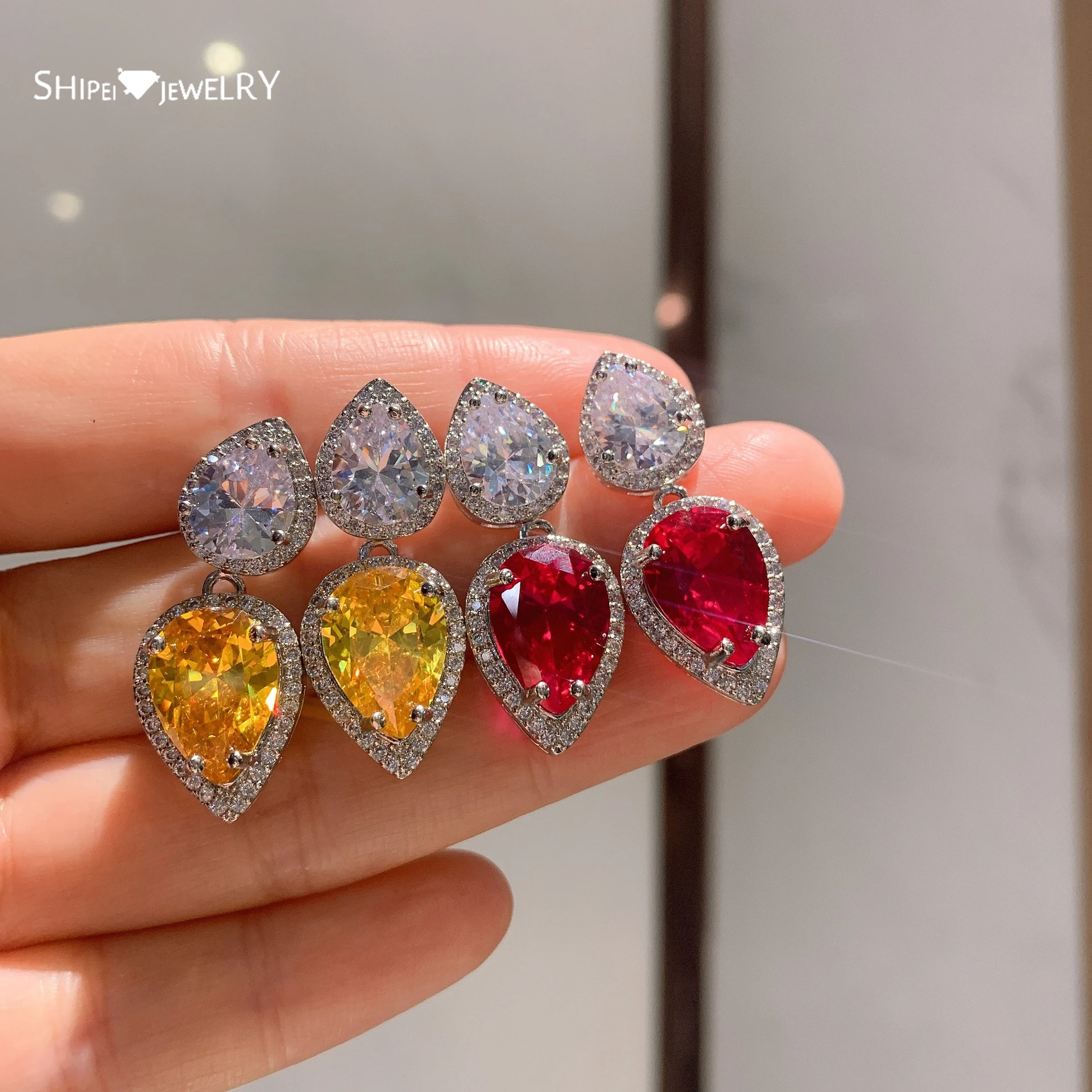 

Shipei 925 Sterling Silver Pear Cut Ruby Citrine Created Moissanite Gemstone Studs Earrings Party Wedding Fine Jewelry Wholesale