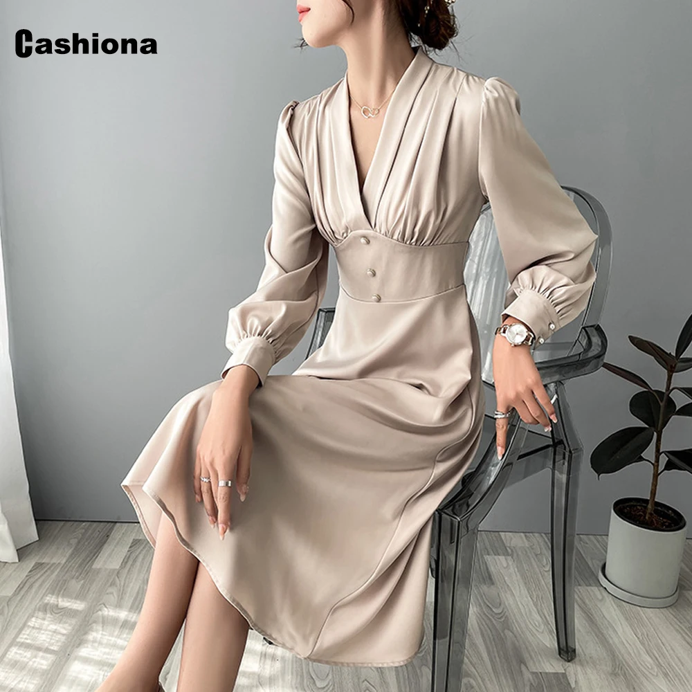 

Women Mid-Calf Dress Streetwear Slim Waist 2021 Niche French Dresses Apricot Pink Vintage Pleated V-neck Female the Dress