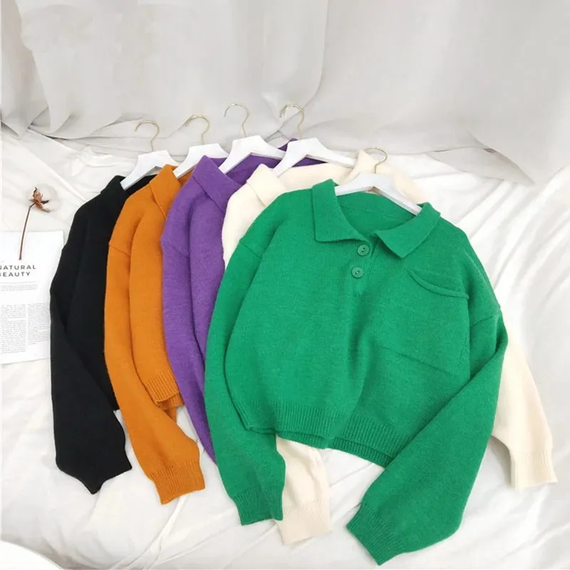 

Spring Newly Women Short Sweater 2020 Fashion Ladies Knitted Sweaters Long Sleeve Buttons Pullovers Female Top L1325