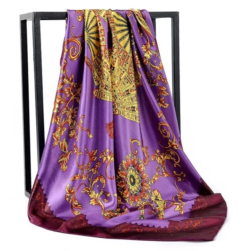 Шелковые шарфы для женщин с принтом Foulard, атласные шарфы с квадратной головкой хиджаб для дам, роскошные брендовые шали 90*90, бандана, большой шарф - Цвет: 16