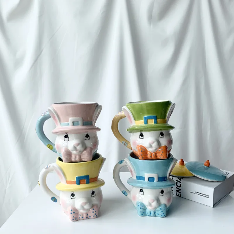 Taza 3D de conejo de pascua, vaso de agua de cer&aacute;mica de dibujos animados, taza de gran capacidad para el hogar y la Oficina, taza de caf&eacute; con leche-1