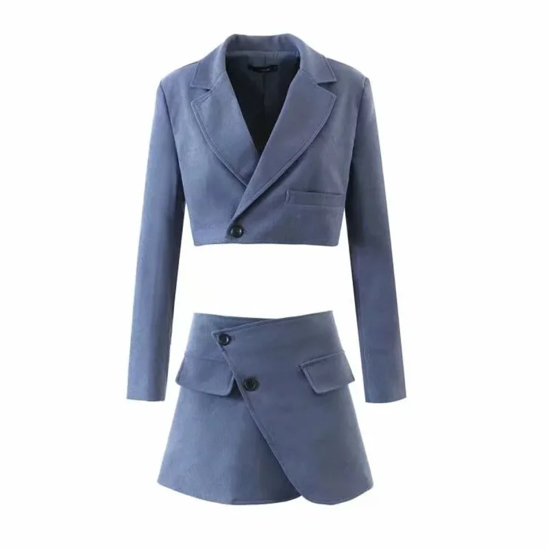 

YICIYA Autumn Women Vintage Coat Solid Elegant Cropped Blazer Long Sleeve Notched Blazer Single Button Corduroy Jacket Blue 2021