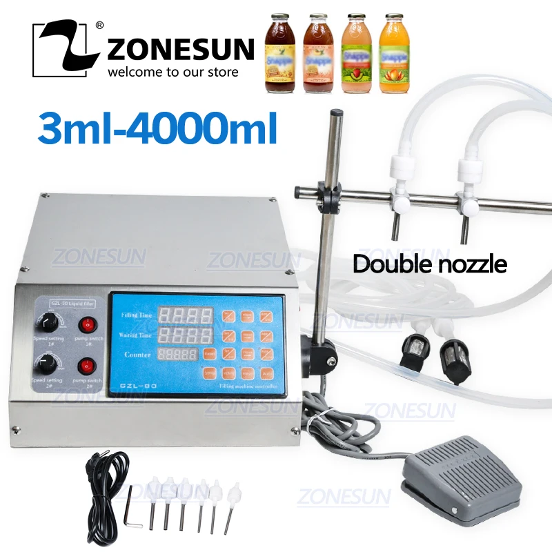 ZONESUN машина для наполнения жидкостью Электрический цифровой насос управления 0,5-4000 мл для парфюмерной воды, сока, эфирного масла с 2 головками