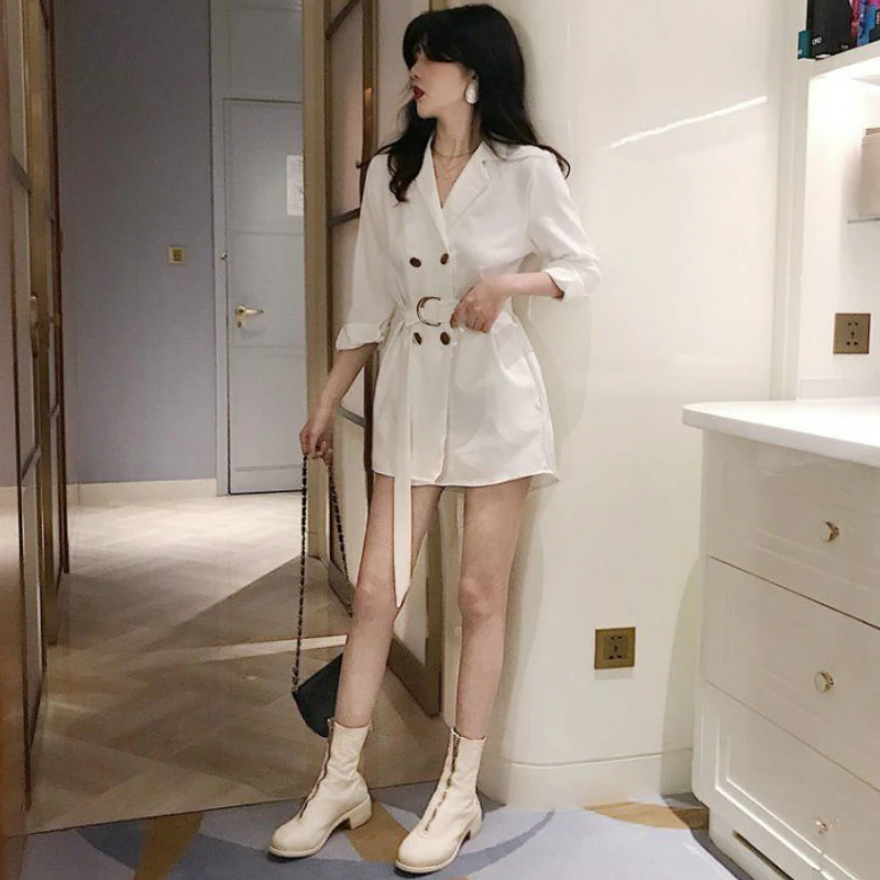

Long Style Blazers Womens Spring New Stylish Elegant Double Breasted Sashes Sexy Ladies Loose Solid Feminine Chic Stylish 2021