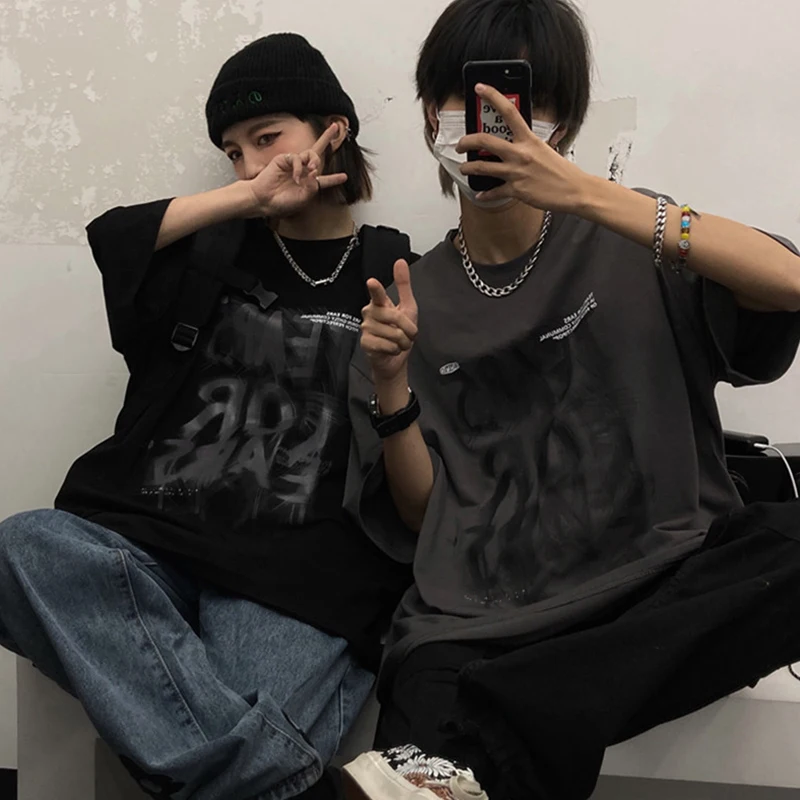 Летняя уличная одежда для пар в стиле хип-хоп с английским узором сказочные гранж