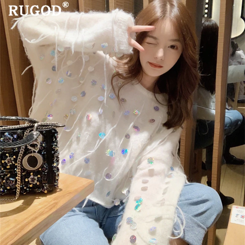 RUGOD элегантный блесток tassle вязаный женский свитер корейский шик Круглый Вырез