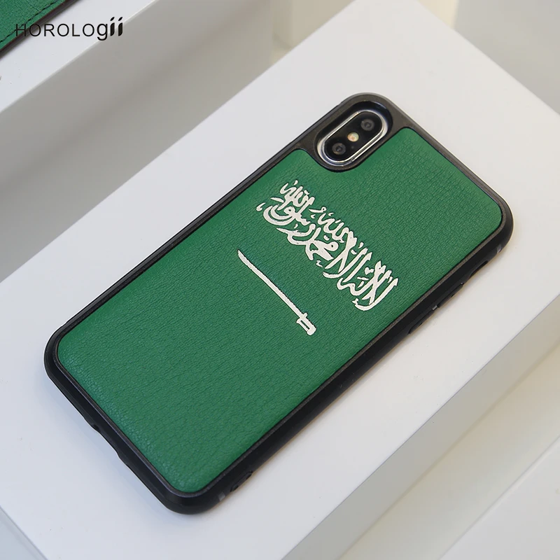 Чехол для Iphone 11 Pro Max X из козьей шкуры зеленый с надписью и флагом Саудовская