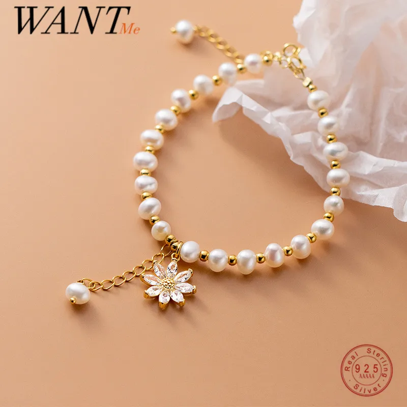 

Женский браслет WANTME из натурального жемчуга в стиле барокко, браслет из стерлингового серебра 925 пробы с романтическим лотосом из циркония