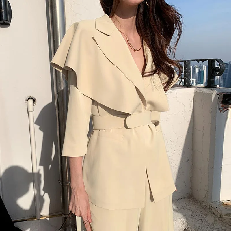 

Women Sets 2021 Summer Korean Chic Temperament Lapel Ruffled Loose Three-Quarter Sleeve Blazer Split Wide-Leg Trousers
