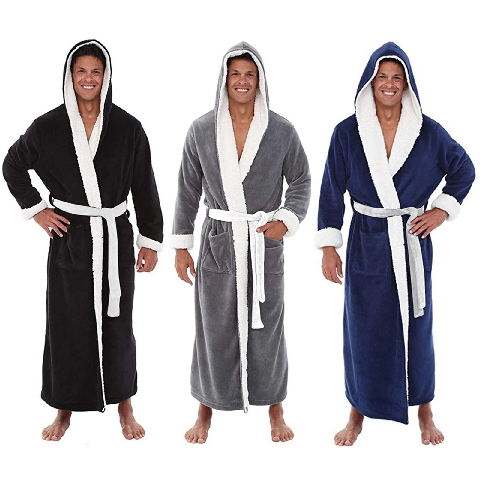 

Men's Winter Plush Lengthened Shawl Bathrobe Home Clothes Long Sleeved Hooded Robe Coat Men Robe Albornoz Hombre Male Robe