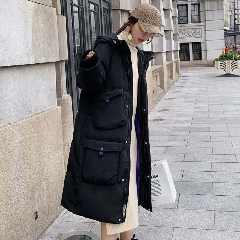 black coat Пуховое хлопковое зимнее пальто Женская Стеганая длинная Парка утепленная женская зимняя куртка с карманами с капюшоном теплая верхняя одежда женское пальто C5873 - Цвет: black coat
