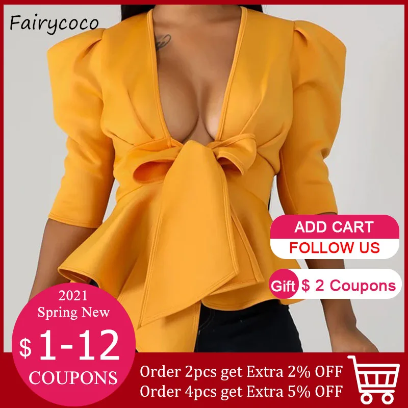 

Women Sexy Blouses V-Neck Puff Sleeve Westen Style African ladies Office Party Club Tops Bowknot Pullover Spring 2021 Plus Size