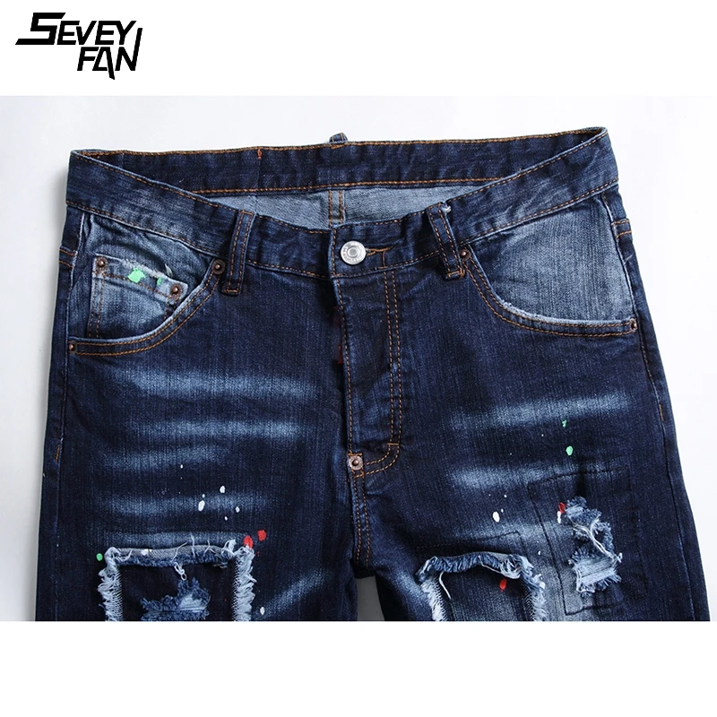 Джинсы с дырками в стиле хип-хоп синие модные облегающие джинсовые брюки пэчворк