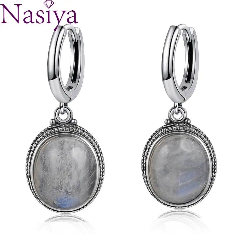 

Vintage Oval Natural Moonstone Hoop Earrings For Women Girls 925 Sterling Silver Earring Jewelry Party Engagement Birthday Gift