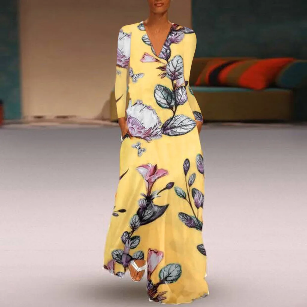 Платье макси летнее с длинным рукавом и V образным вырезом|Женские платья| |