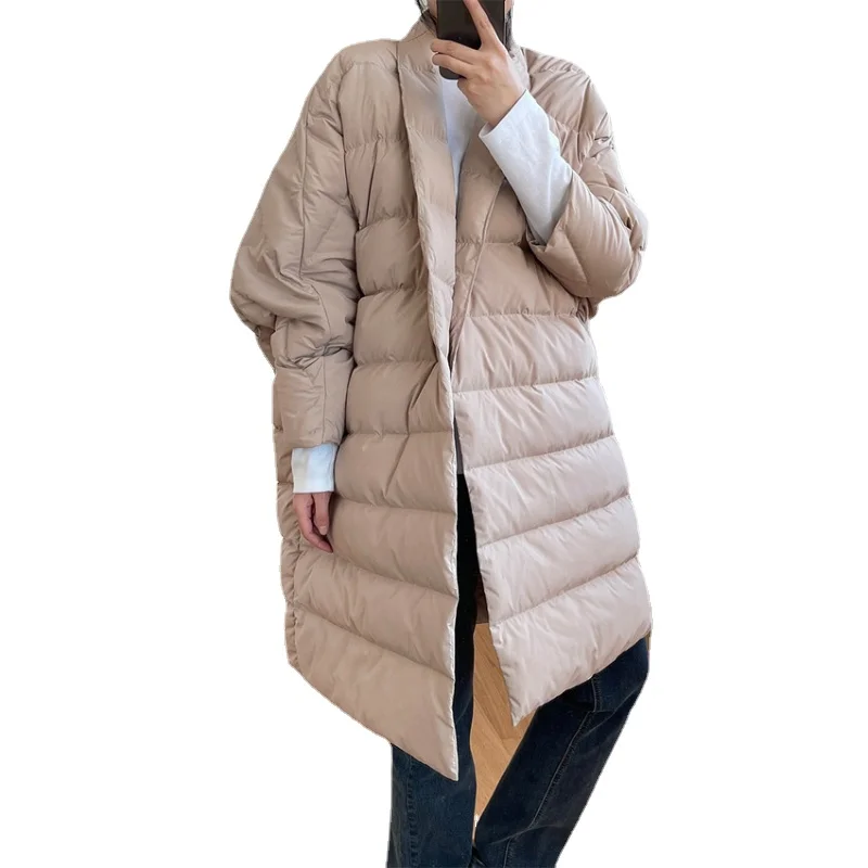 

Winter new Japanese profile one-button down jacket loose mid-length lightweight warm jacket women woman parkas 150g-200g Solid