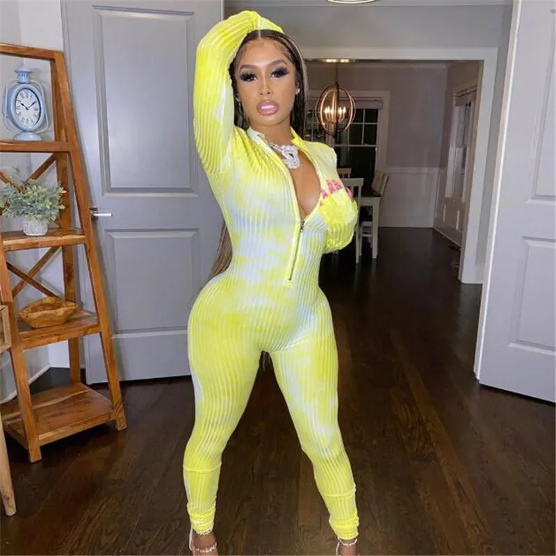 

Sexy Tie Dye Printed Skinny Jumpsuit Female Ribbed Bodysuit Zipper V-neck Long Sleeve Casual Ribbed Rompers for Women Clubwear