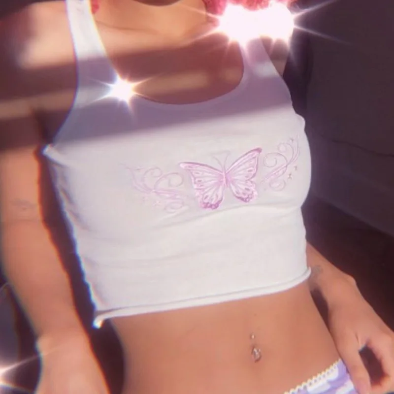 Милая женская майка E Girl Y2k в стиле Харадзюку с вышивкой бабочки летняя пикантная