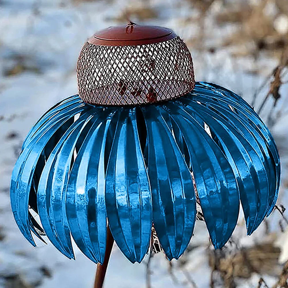 

Garden Yard Decoration Practical Bird Feeder Cage Sturdy Pink Coneflower Shape with Stand Outdoor Metal Bird Feeder