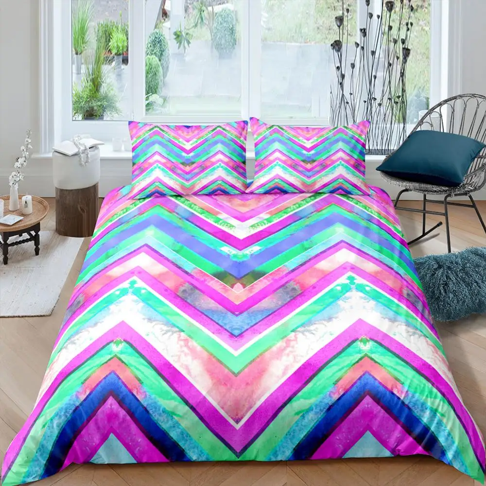

3D Printing Bedding Set Colorful Stripe Comforter Girl Bedding Set 100% Microfiber Bed King Queen Size Bedclothes