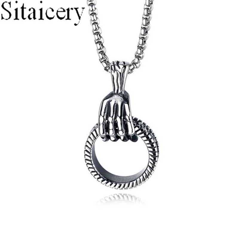 

Punk Stainless Steel Chain Necklace Skull Hand Circle Pendant Necklace For Men Male Fashion Jewelry Gift New Style Accesories