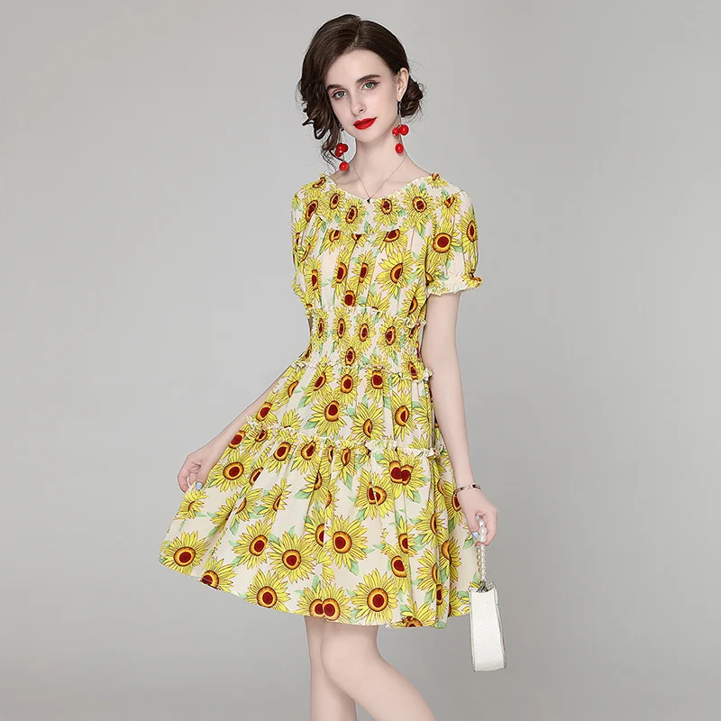 

Women's summer new printed word dew shoulder elastic waist short sleeve dress female temperament cultivate show thin short