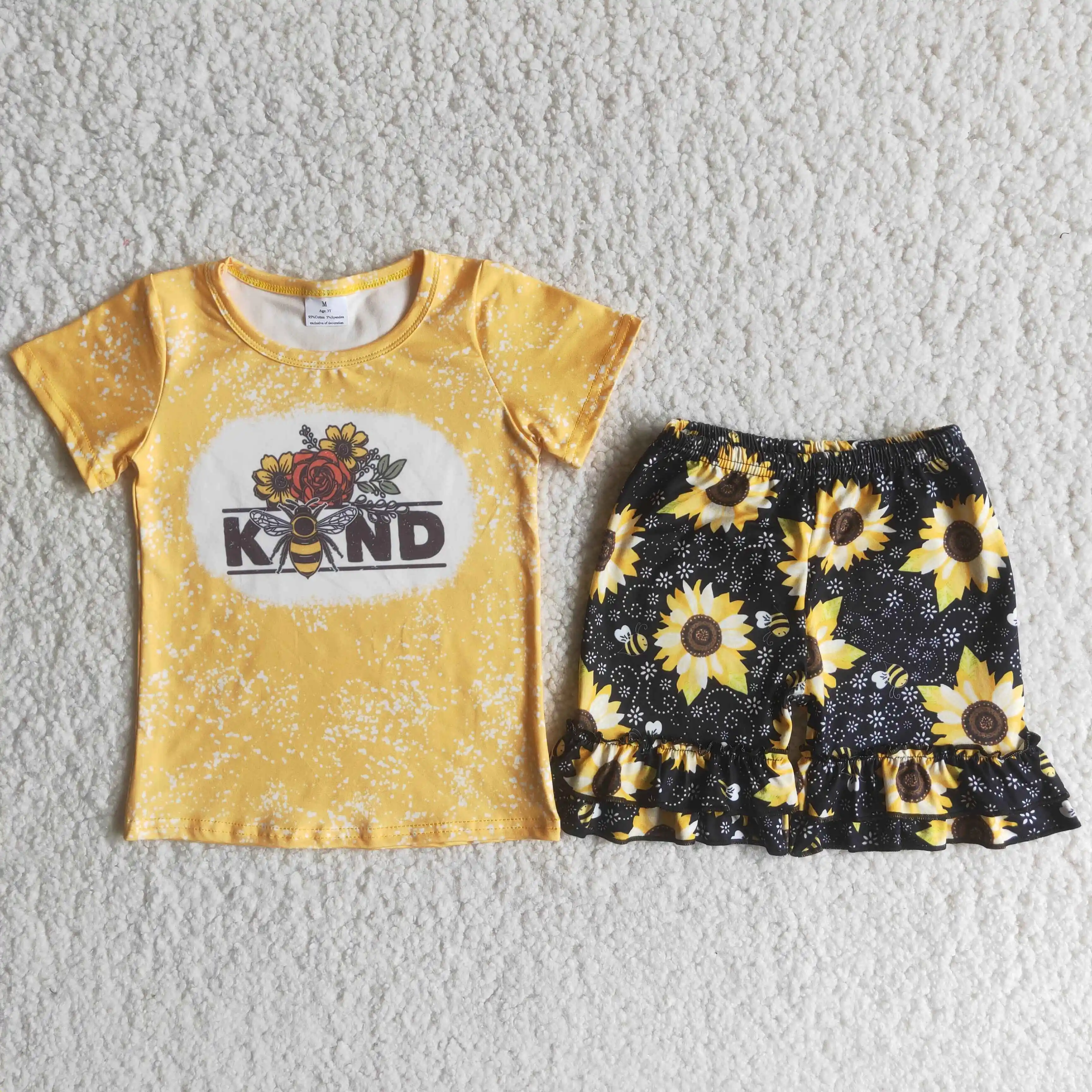 

Summer Girls Kind Bee Yellow Short Sleeve Shirt Sunflower Ruffled Shorts Baby Kids Boutique Set