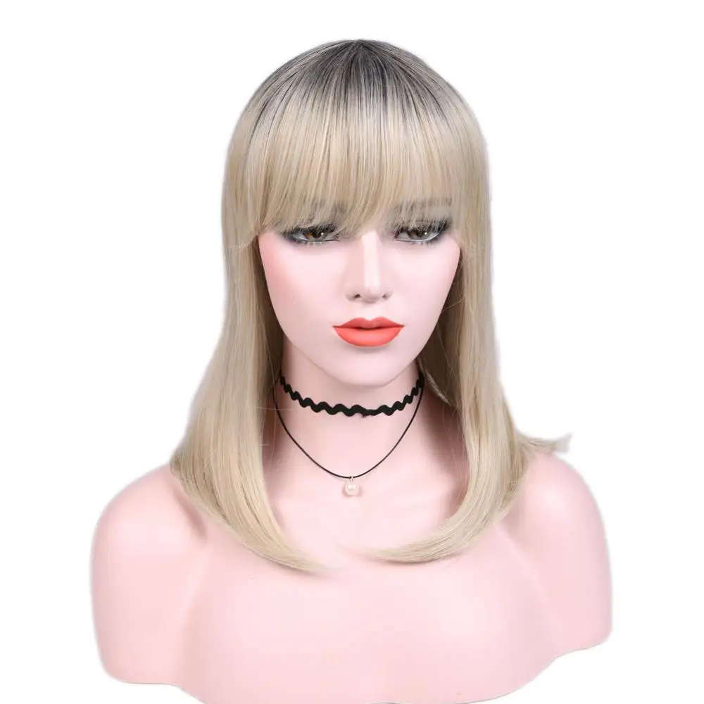 Fave короткие прямые волосы синтетический парик с челкой черный песочный блонд термостойкие волокна косплей для черных женщин парики - Цвет: Black sandy blonde
