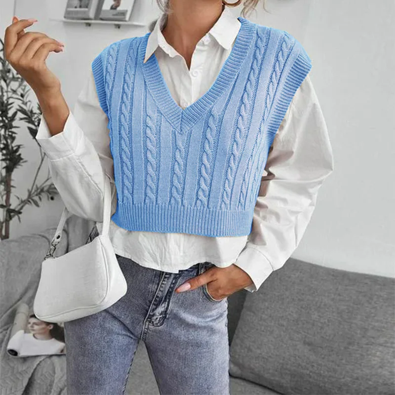 

Women Loose Knitted Vest Sweater Fashion V Neck Sleeveless Waistcoat Female Chic Tops Autumn Pullover Casual Tank Women Clothing